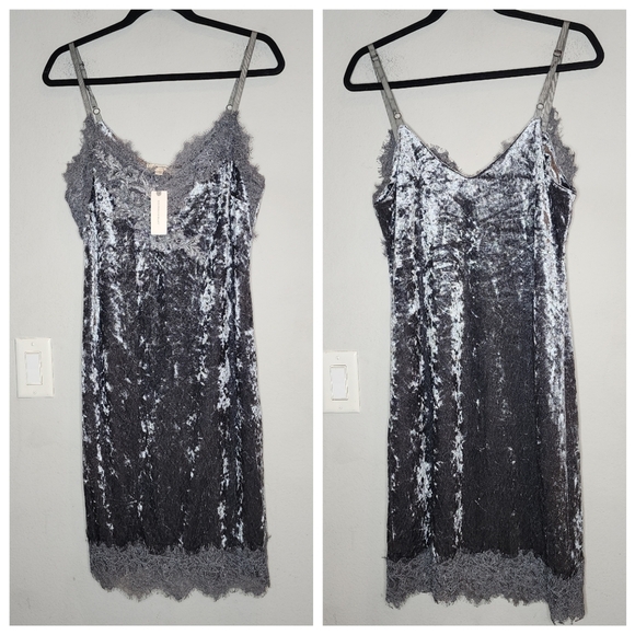 NWT Anthropologie Tessie Grey Velvet Lace Embroidered Sleeveless Slip Dress Sz M - Picture 5 of 16